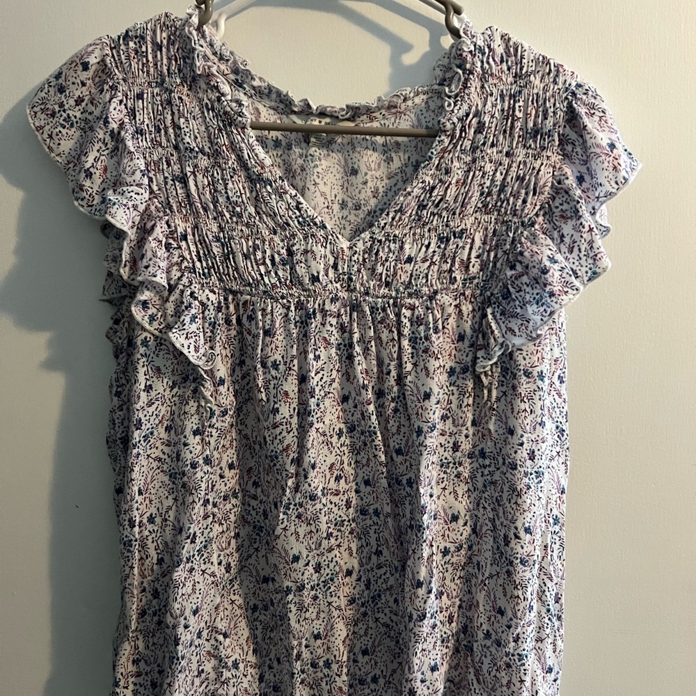 Lucky Brand Floral Smocked Blouse with Ruffle Sleeves
